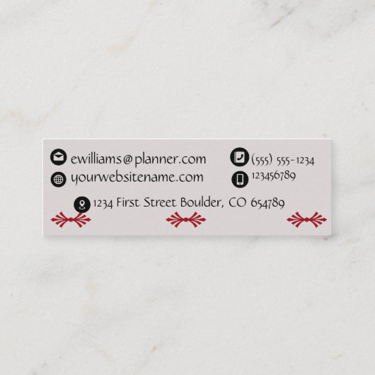 イベント・プランナの結婚式のオルガナイザーのケータリングの供給 スキニー名刺 (裏面)