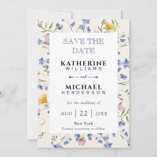 イメージを追加 & 水彩画の野生の花の草原 ウェディング セーブザデート (正面)