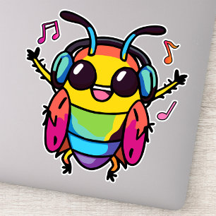 イヤホンをつけたハッピーなコオロギが音楽を聴いている シール
