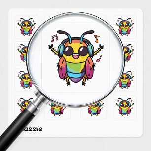 イヤホンをつけたハッピーなコオロギが音楽を聴いている スクエアシール