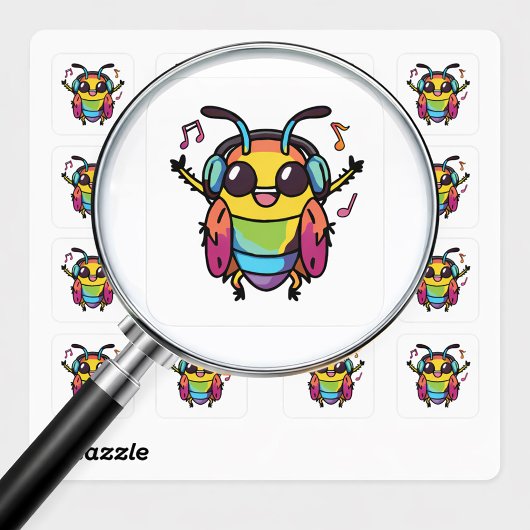 イヤホンをつけたハッピーなコオロギが音楽を聴いている スクエアシール