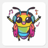 イヤホンをつけたハッピーなコオロギが音楽を聴いている スクエアシール (正面)