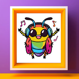 イヤホンをつけたハッピーなコオロギが音楽を聴いている フォトプリント           