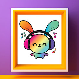イヤホンをつけたハッピーバニー。音楽に耳を傾けている。 フォトプリント           