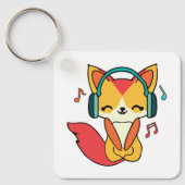 イヤホンをつけた幸せそうな狐が音楽を聴いている。 キーホルダー (正面)
