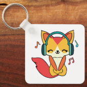 イヤホンをつけた幸せそうな狐が音楽を聴いている。 キーホルダー (正面)
