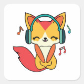 イヤホンをつけた幸せそうな狐が音楽を聴いている。 スクエアシール (正面)