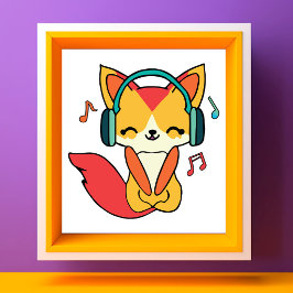 イヤホンをつけた幸せそうな狐が音楽を聴いている。 フォトプリント           