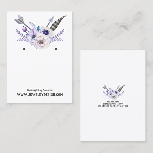 イヤリングのジュエリーの表示カード • Bohoの羽の花柄 名刺 (正面/裏面)