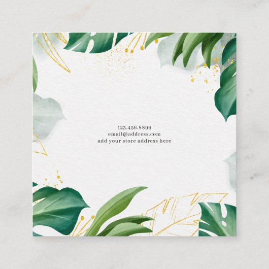 イヤリングジュエリーディスプレイカード・トロピカルグリーン金ゴールド スクエア名刺 (裏面)