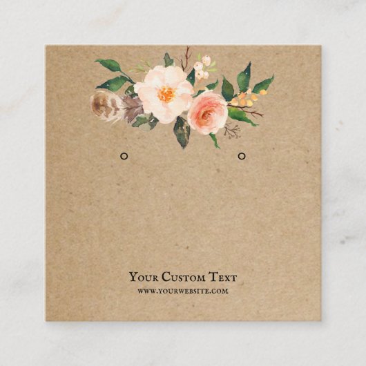 イヤリングジュエリーディスプレイカード・ Boho Featherフローラ スクエア名刺 (正面)