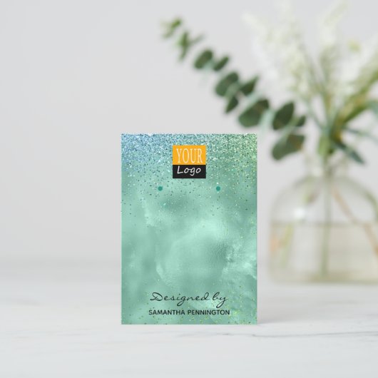 イヤリングディスプレイティール（緑がかった色）フェイクフォイル&グリッター 名刺 (スタンド正面)