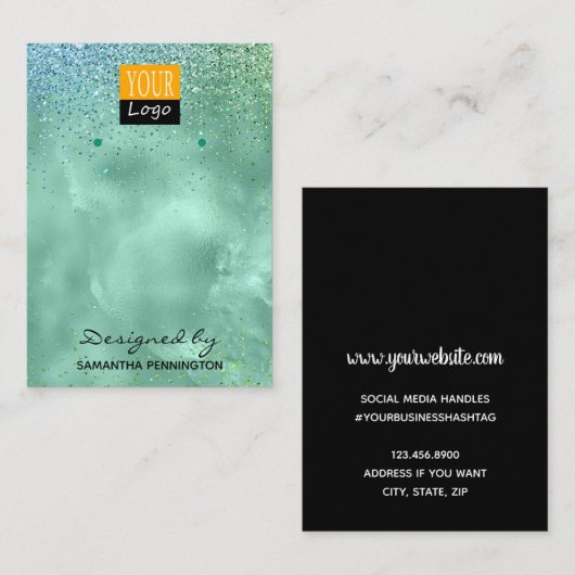 イヤリングディスプレイティール（緑がかった色）フェイクフォイル&グリッター 名刺 (正面/裏面)