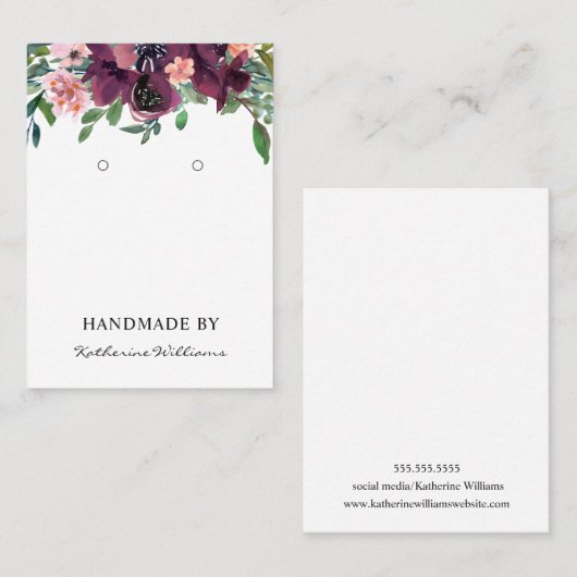 イヤリング表示カード | Burgundy水彩フローラ 名刺 (正面/裏面)