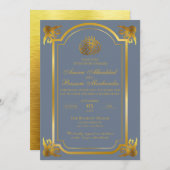 イラエレガントムの結婚石板ブルーと金ゴールド 招待状 (正面/裏面)
