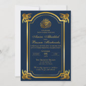 イラエレガントム結婚のダークブルーと金ゴールド 招待状 (正面)