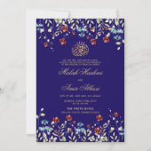 イラエレガントンドフラワーブルーのイスラム結婚教徒 招待状 (正面)