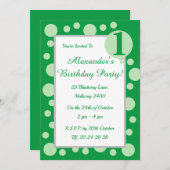 イラシマ グリーンスポット＆ドット 男の子 1歳誕生日 招待状 (正面/裏面)