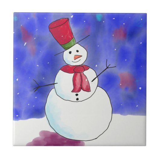 イラストがかわいいクリスマスの雪だるま タイル (正面)