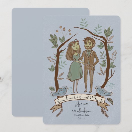 イラストのカップルが可愛い変わった結婚式 招待状 (正面/裏面)
