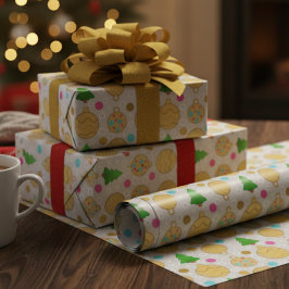 イラストのクリスマスツリーと金のオーナメント ラッピングペーパー