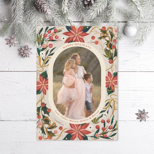 イラストのポインセチア ゴールドリボン 写真 シーズンカード