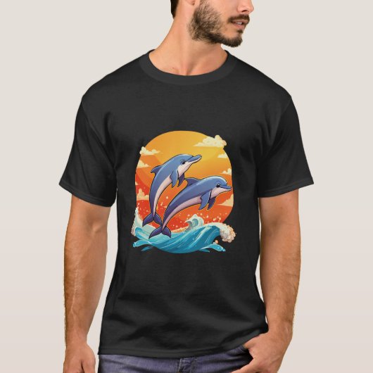 イラストの2匹のイルカがジャンプ Tシャツ (正面)