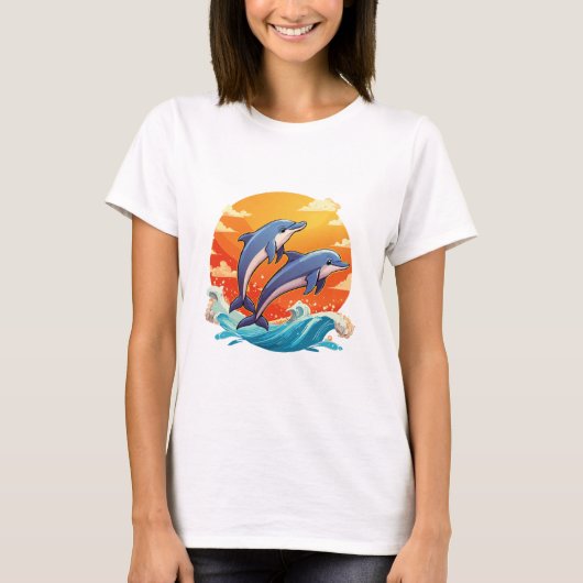 イラストの2匹のイルカのジャンプ Tシャツ (正面)