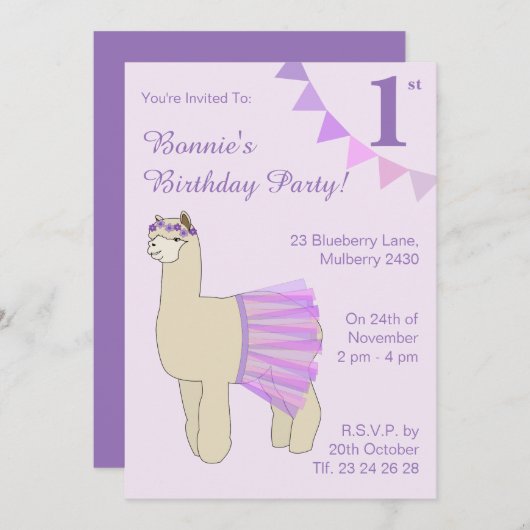 イラストマ  バレリーナ ラマ 紫の旗 誕生日 招待状 (正面/裏面)
