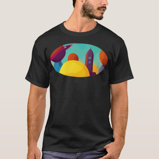 イラストレーションと複数の惑星の重ね合わせ Tシャツ (正面)