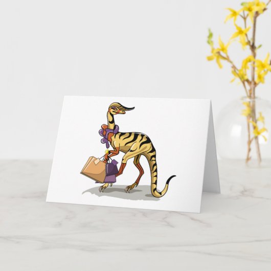 イラストレーションのイグアノドンとショッピングバッグ。 カード (黄色い花)