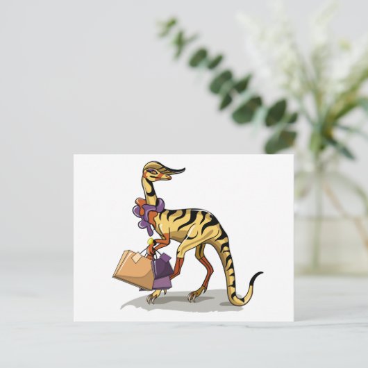 イラストレーションのイグアノドンとショッピングバッグ。 ポストカード (スタンド正面)