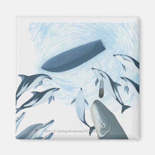 イラストレーションのイルカがボートを見上げる マグネット (正面)