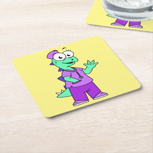 イラストレーションのステゴサウルスナース。 スクエアペーパーコースター (アングル)