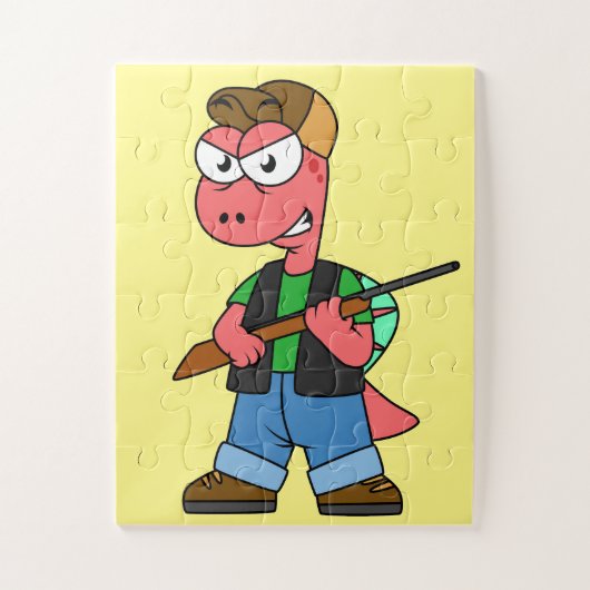 イラストレーションのスピノサウルスハンターと銃。 ジグソーパズル (縦)