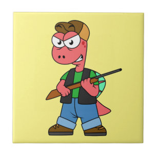 イラストレーションのスピノサウルスハンターと銃。 タイル