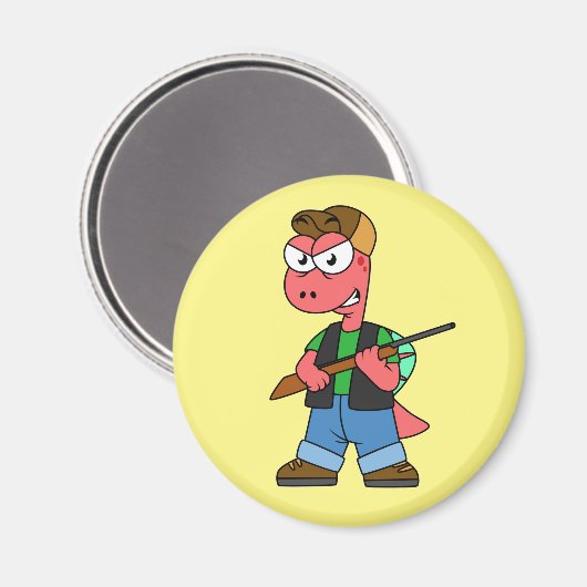 イラストレーションのスピノサウルスハンターと銃。 マグネット (正面/裏面)