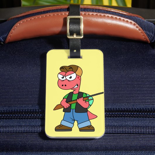 イラストレーションのスピノサウルスハンターと銃。 ラゲッジタグ (正面インサイチュ2)