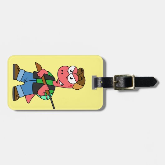 イラストレーションのスピノサウルスハンターと銃。 ラゲッジタグ (正面横)