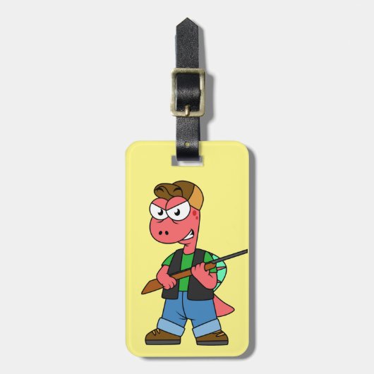 イラストレーションのスピノサウルスハンターと銃。 ラゲッジタグ (正面縦)