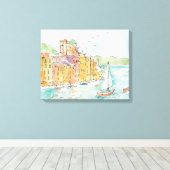 イラストレーションのポロフィノハーバーウィズサイルボート キャンバスプリント (インサイチュ (ウッドフロア))