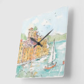 イラストレーションのポロフィノハーバーウィズサイルボート スクエア壁時計 (傾斜)