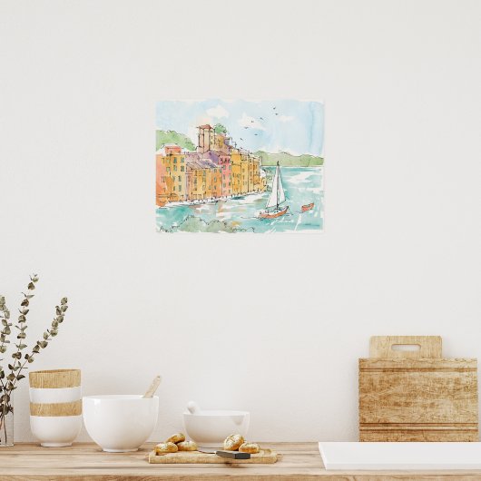 イラストレーションのポロフィノハーバーウィズサイルボート ポスター (キッチン)