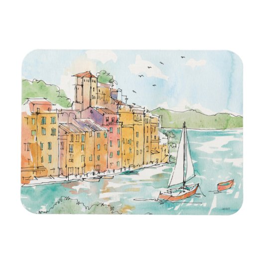 イラストレーションのポロフィノハーバーウィズサイルボート マグネット (横)