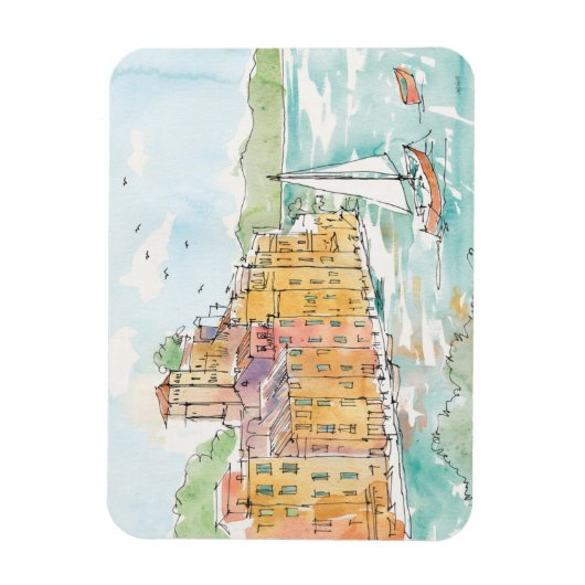 イラストレーションのポロフィノハーバーウィズサイルボート マグネット (縦)