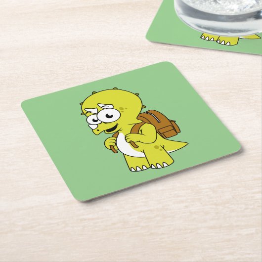 イラストレーションのリュックサックとトリケラトプス。 スクエアペーパーコースター (アングル)