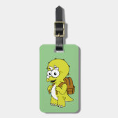 イラストレーションのリュックサックとトリケラトプス。 ラゲッジタグ (正面縦)