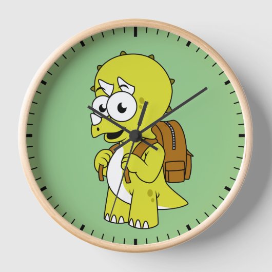 イラストレーションのリュックサックとトリケラトプス。 壁時計 (正面)