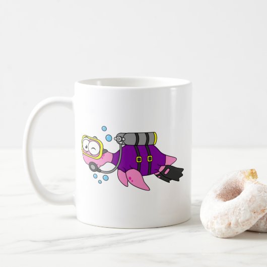 イラストレーションのローチネスのモンスタースキューバダイバー。 コーヒーマグカップ (ドーナツ)