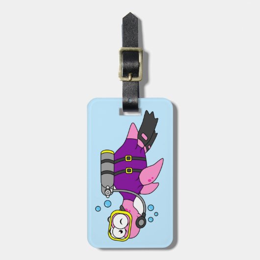 イラストレーションのローチネスのモンスタースキューバダイバー。 ラゲッジタグ (正面縦)